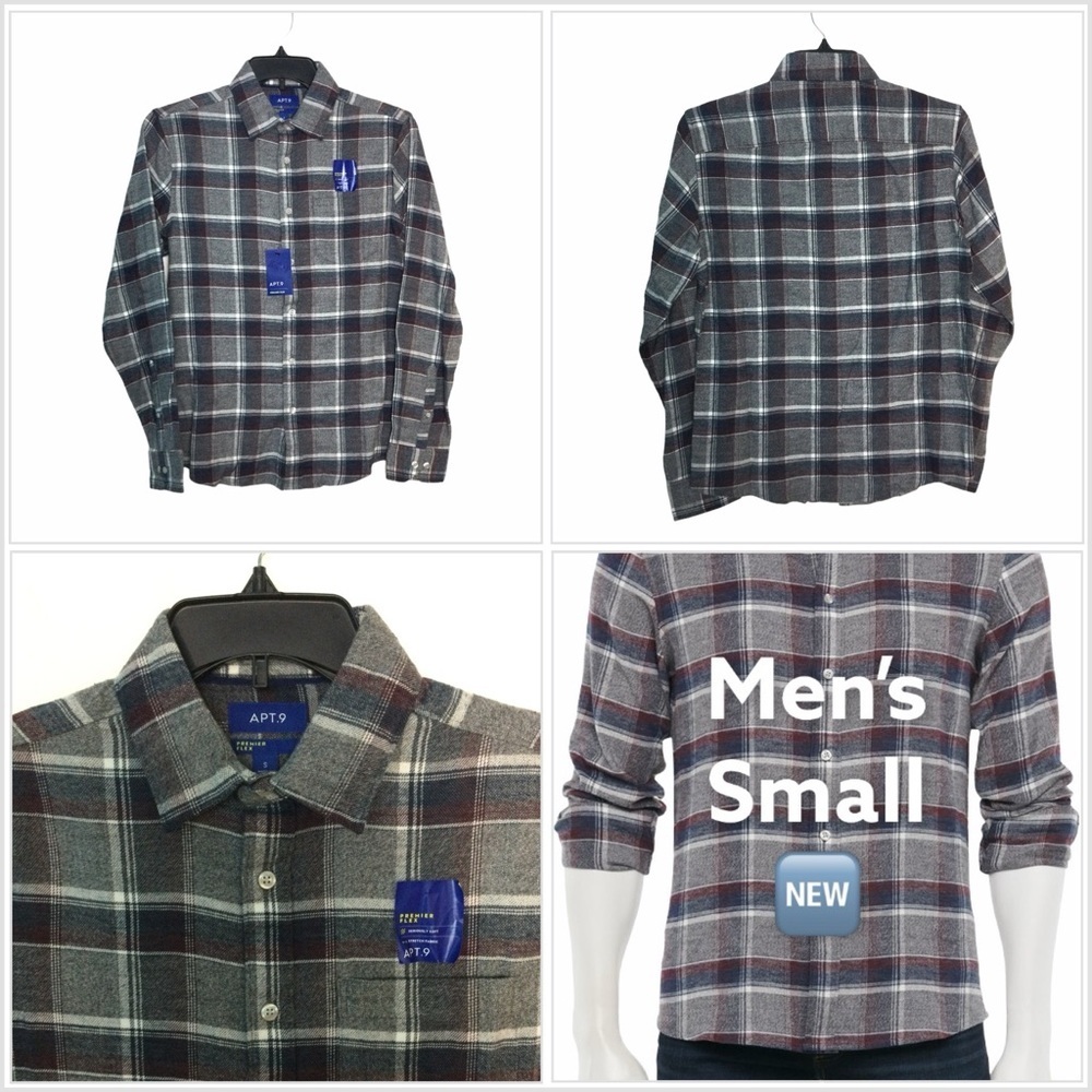 Men's Apt. 9 Small 34 - 36 Flannel Shirt Plaid Gray Blue Long Sleeve Stretch NWT